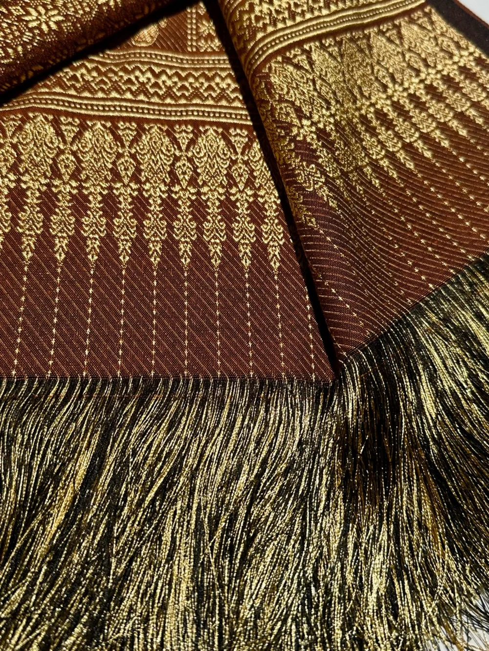 Ornate Indian Brown Gold Elephant Jacquard Throw, Bed Spread 96”x80” Tablecloth